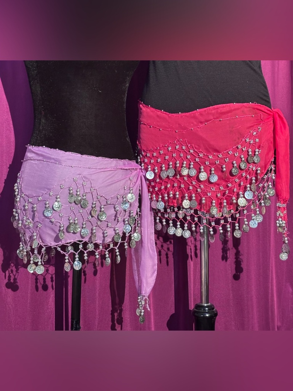 Coin Fringe Belly Scarves — Hot Pink & Lavender